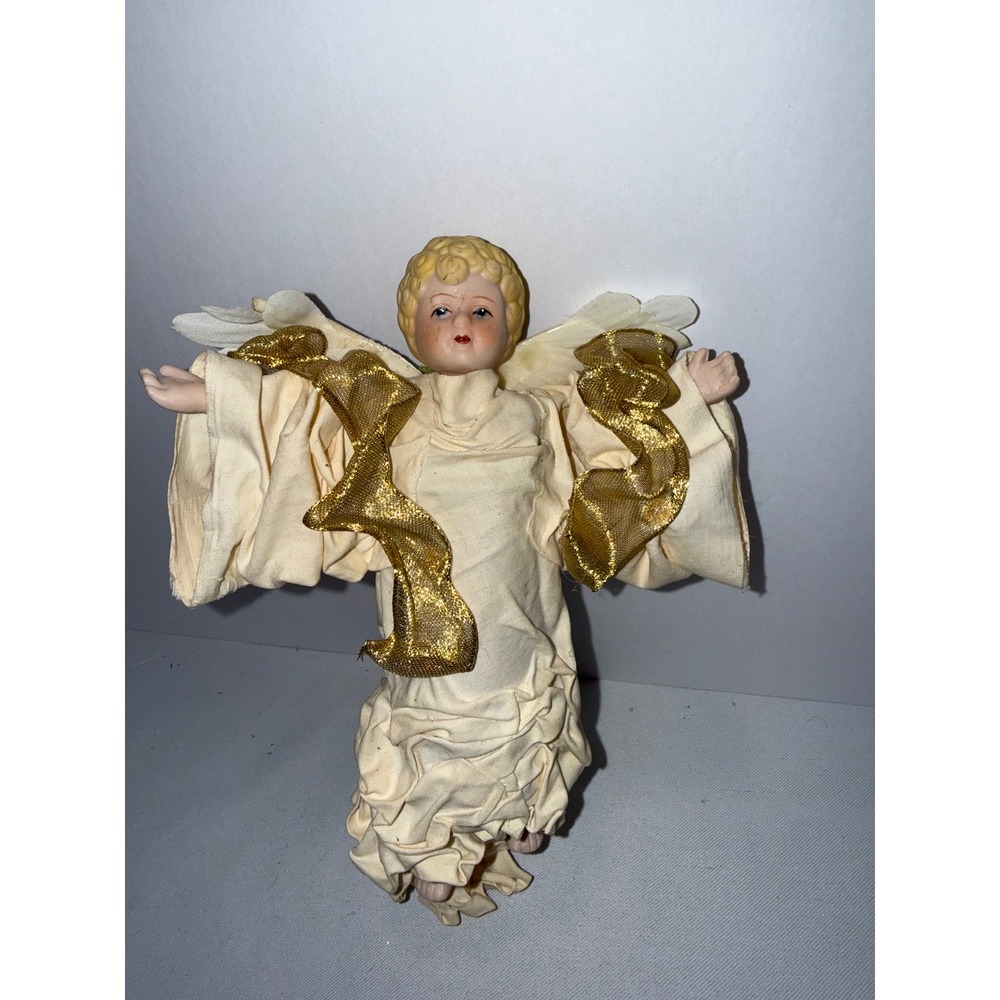 Vintage Porcelain Angel Figurine Cream Gold Fabric Gown Wings 6.5 Inch Ornament